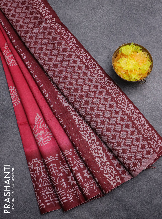 Semi bamboo saree pink and deep maroon with butta prints and long printed border