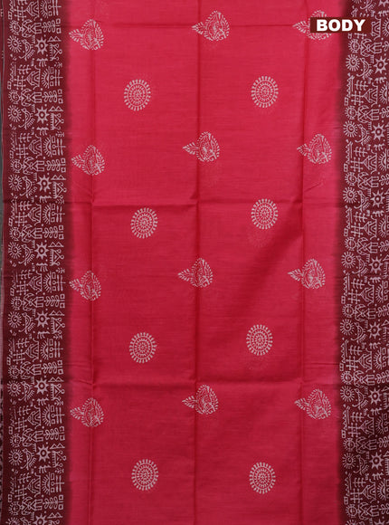 Semi bamboo saree pink and deep maroon with butta prints and long printed border