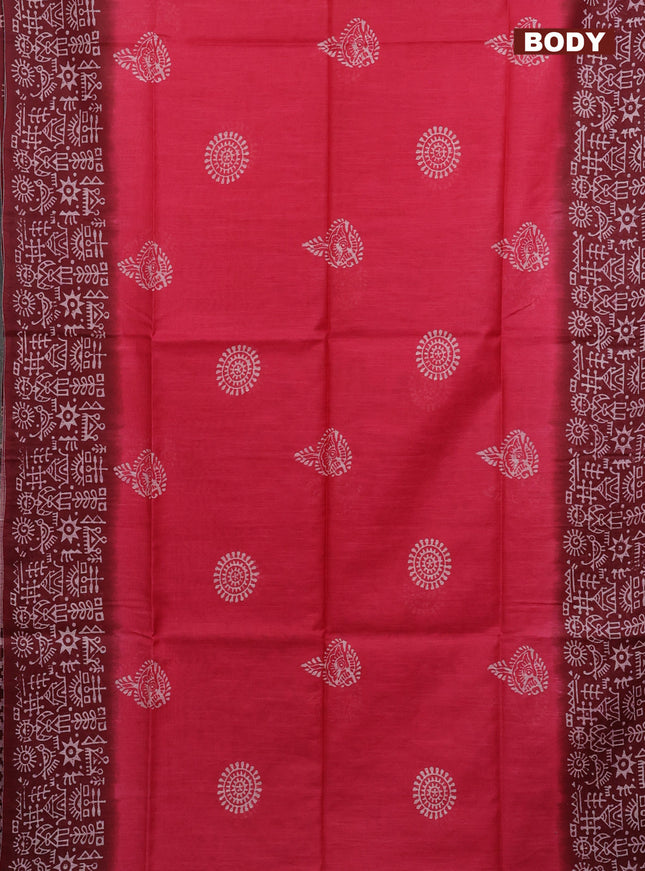 Semi bamboo saree pink and deep maroon with butta prints and long printed border