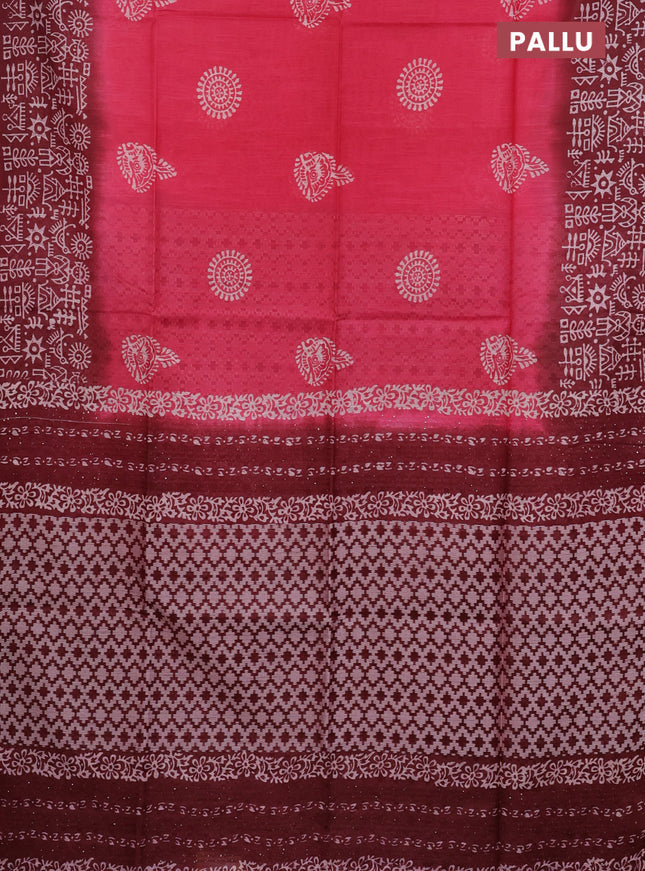 Semi bamboo saree pink and deep maroon with butta prints and long printed border