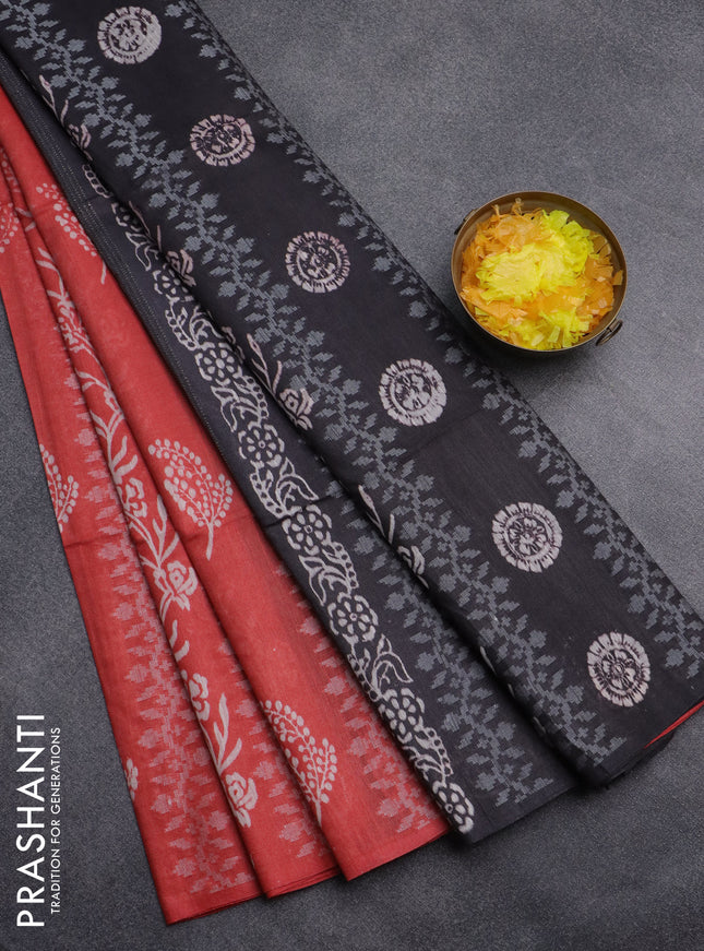 Semi bamboo saree peach orange and elephant grey with allover thread weaves & prints in borderless style