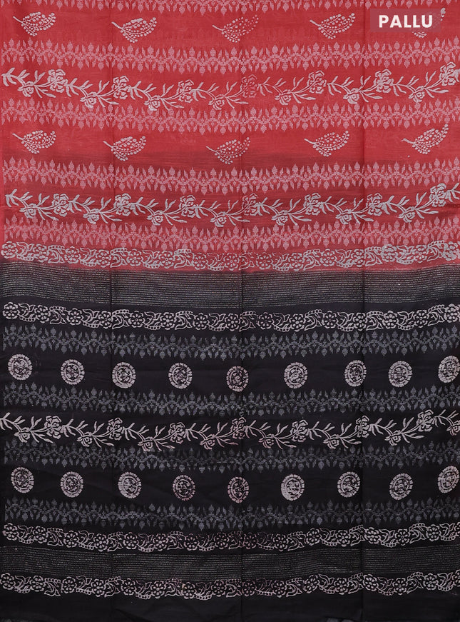 Semi bamboo saree peach orange and elephant grey with allover thread weaves & prints in borderless style