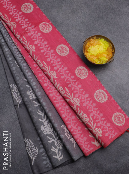 Semi bamboo saree grey and pink with allover thread weaves & prints in borderless style
