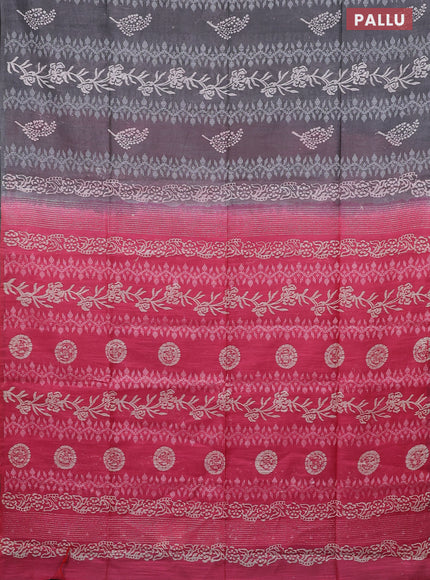 Semi bamboo saree grey and pink with allover thread weaves & prints in borderless style