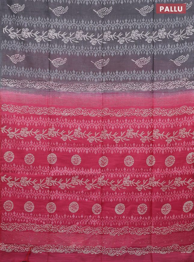 Semi bamboo saree grey and pink with allover thread weaves & prints in borderless style