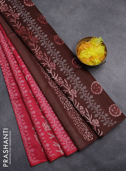 Semi bamboo saree pink and brown with allover thread weaves & prints in borderless style