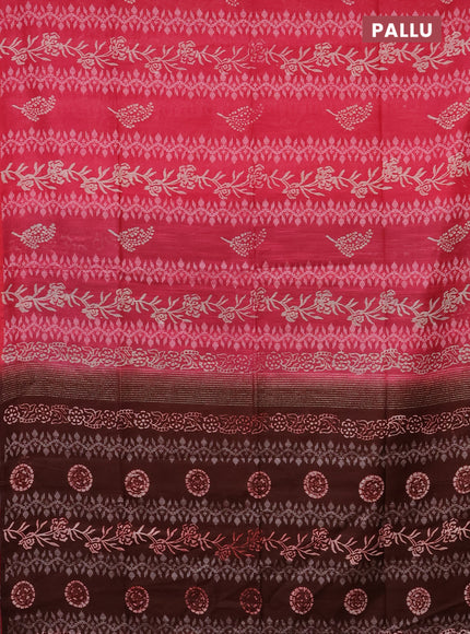 Semi bamboo saree pink and brown with allover thread weaves & prints in borderless style