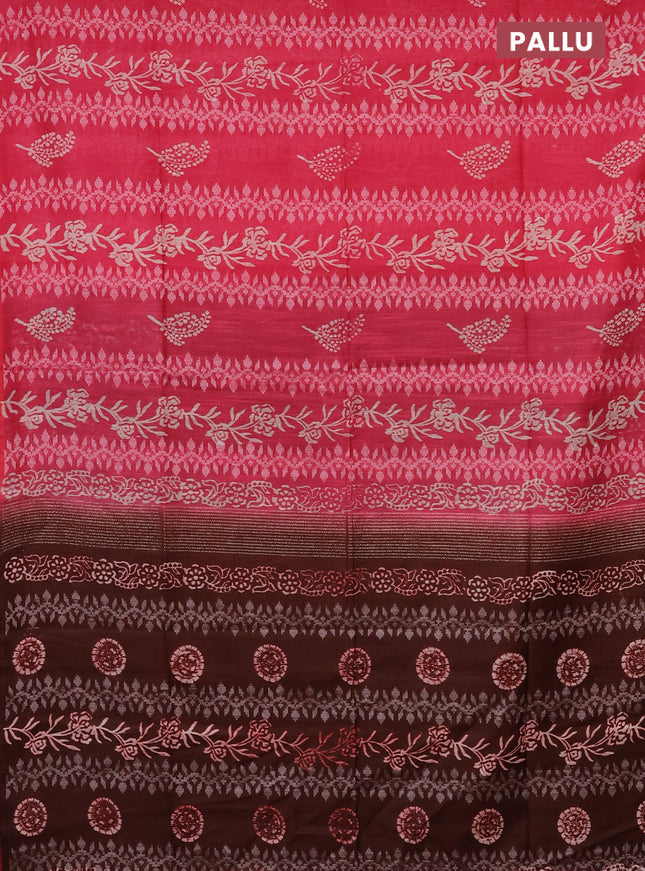 Semi bamboo saree pink and brown with allover thread weaves & prints in borderless style