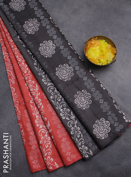 Semi bamboo saree peach orange and grey shade with allover thread weaves & prints in borderless style