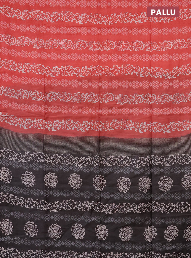 Semi bamboo saree peach orange and grey shade with allover thread weaves & prints in borderless style