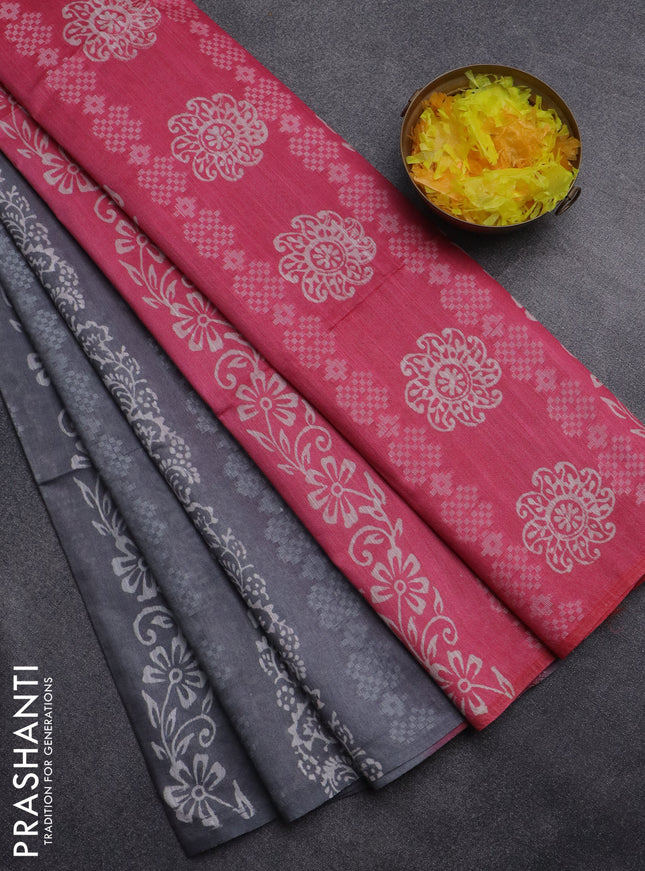 Semi bamboo saree grey and candy pink with allover thread weaves & prints in borderless style