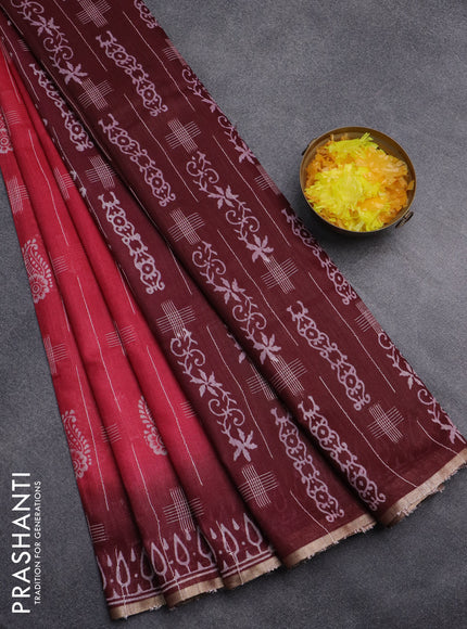 Semi bamboo saree pink and deep maroon with allover thread weaves & butta prints and zari woven piping border