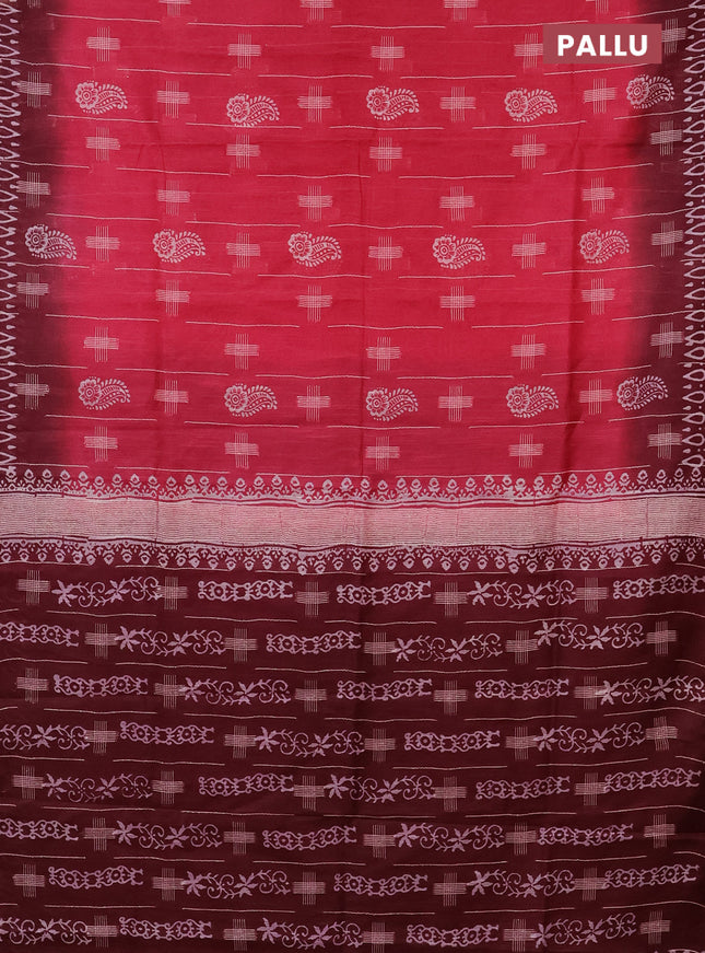 Semi bamboo saree pink and deep maroon with allover thread weaves & butta prints and zari woven piping border