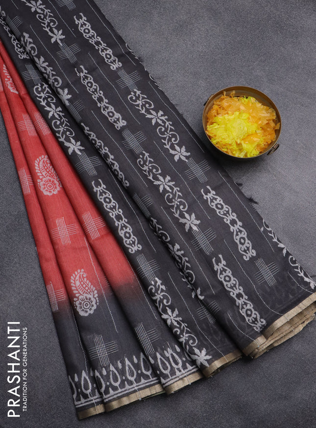 Semi bamboo saree peach shade and grey with allover thread weaves & butta prints and zari woven piping border