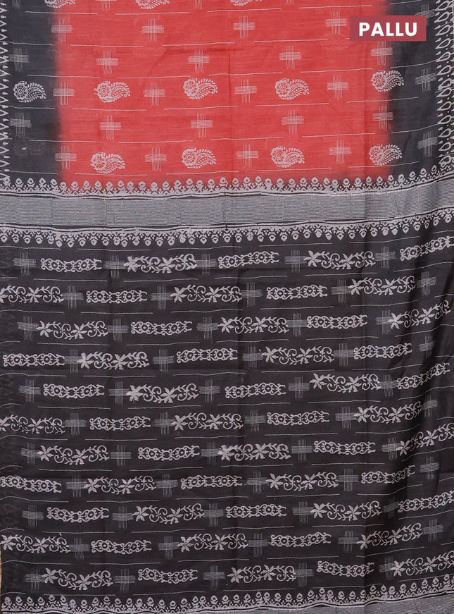 Semi bamboo saree peach shade and grey with allover thread weaves & butta prints and zari woven piping border