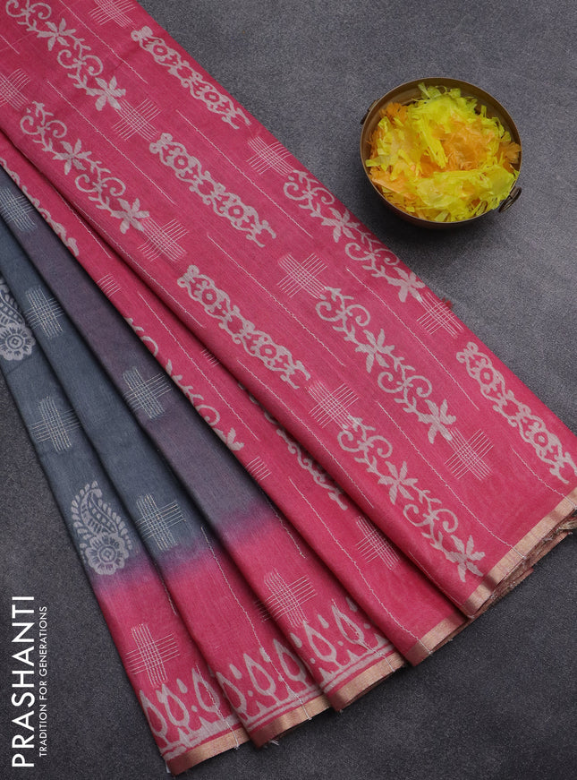 Semi bamboo saree grey and candy pink with allover thread weaves & butta prints and zari woven piping border