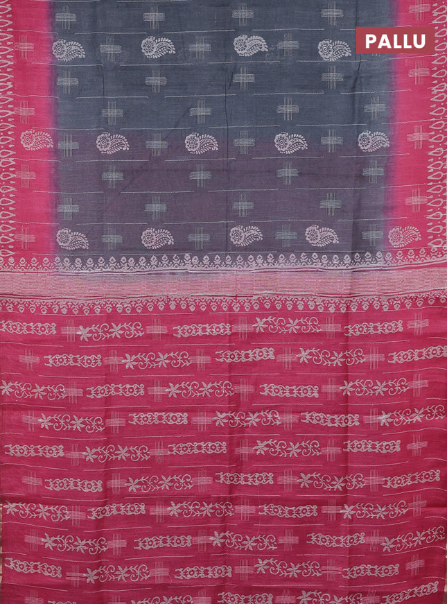 Semi bamboo saree grey and candy pink with allover thread weaves & butta prints and zari woven piping border
