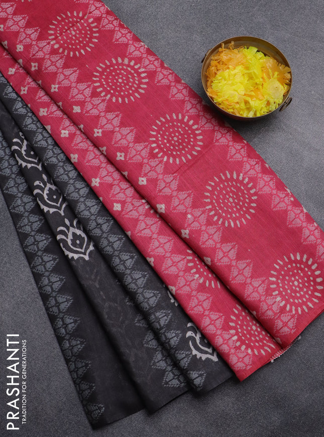 Semi bamboo saree elephant grey and pink with allover thread weaves & butta prints in borderless style