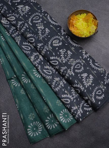 Semi bamboo saree green and elephant grey with allover thread weaves & butta prints in borderless style