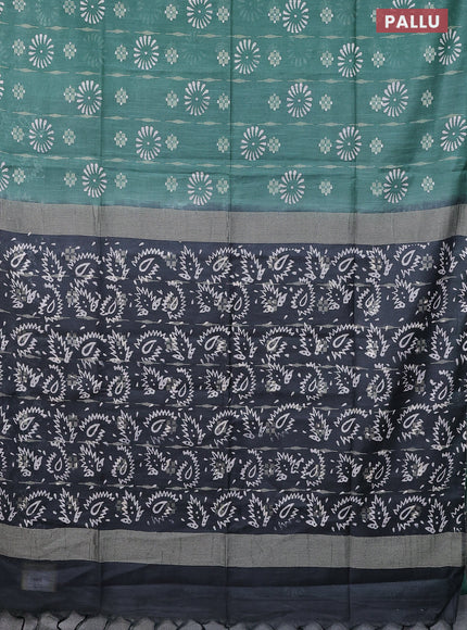 Semi bamboo saree green and elephant grey with allover thread weaves & butta prints in borderless style