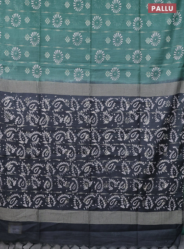 Semi bamboo saree green and elephant grey with allover thread weaves & butta prints in borderless style