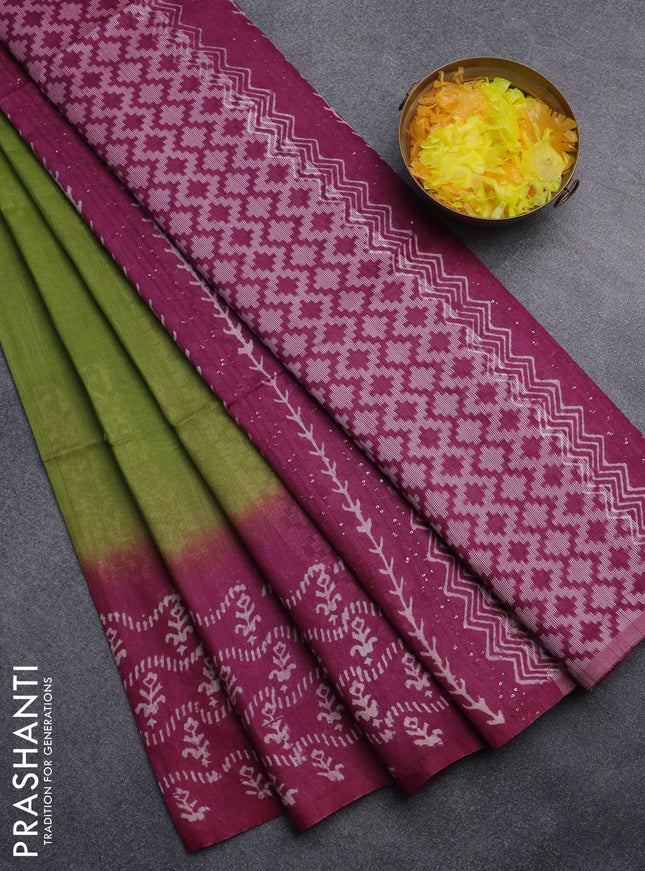 Semi bamboo saree lime green and dark magenta pink with allover thread weaves & butta prints and printed border