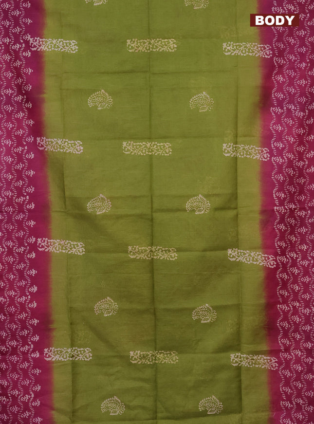 Semi bamboo saree lime green and dark magenta pink with allover thread weaves & butta prints and printed border