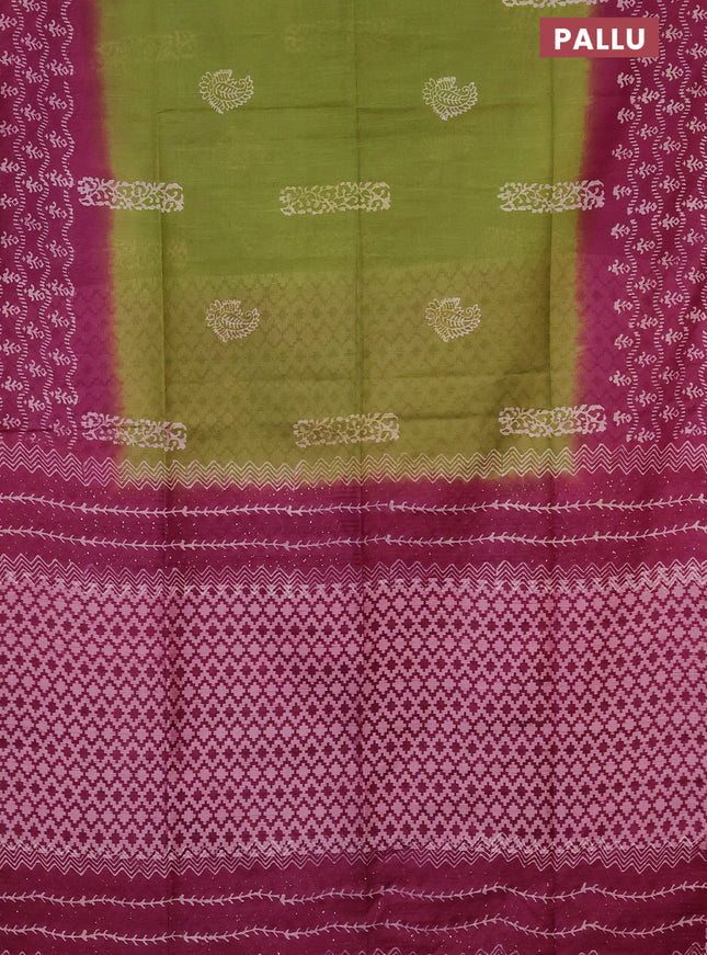 Semi bamboo saree lime green and dark magenta pink with allover thread weaves & butta prints and printed border