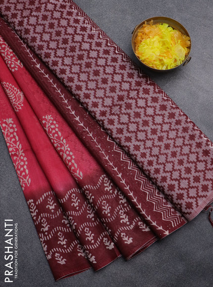 Semi bamboo saree pink shade and maroon with allover thread weaves & butta prints in borderless style