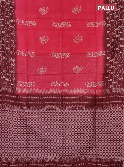 Semi bamboo saree pink shade and maroon with allover thread weaves & butta prints in borderless style