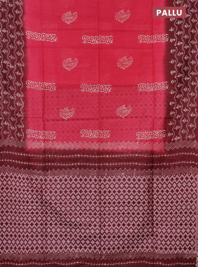Semi bamboo saree pink shade and maroon with allover thread weaves & butta prints in borderless style