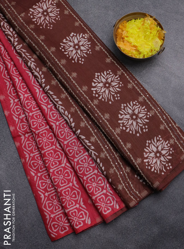 Semi bamboo saree pink and pastel maroon shade with sequin work & prints in borderless style