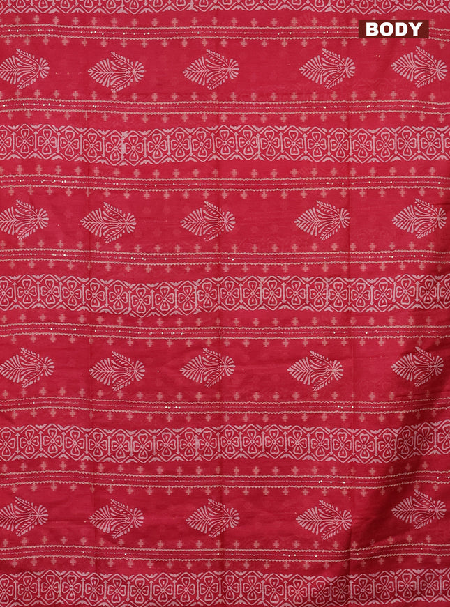 Semi bamboo saree pink and pastel maroon shade with sequin work & prints in borderless style