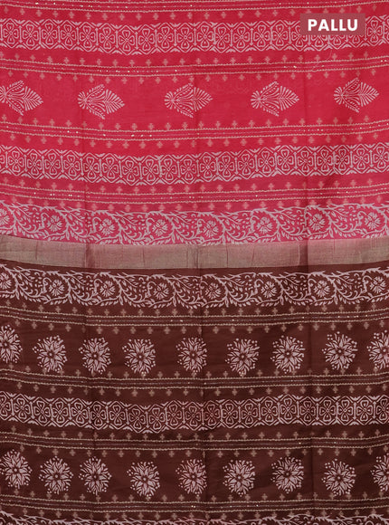 Semi bamboo saree pink and pastel maroon shade with sequin work & prints in borderless style