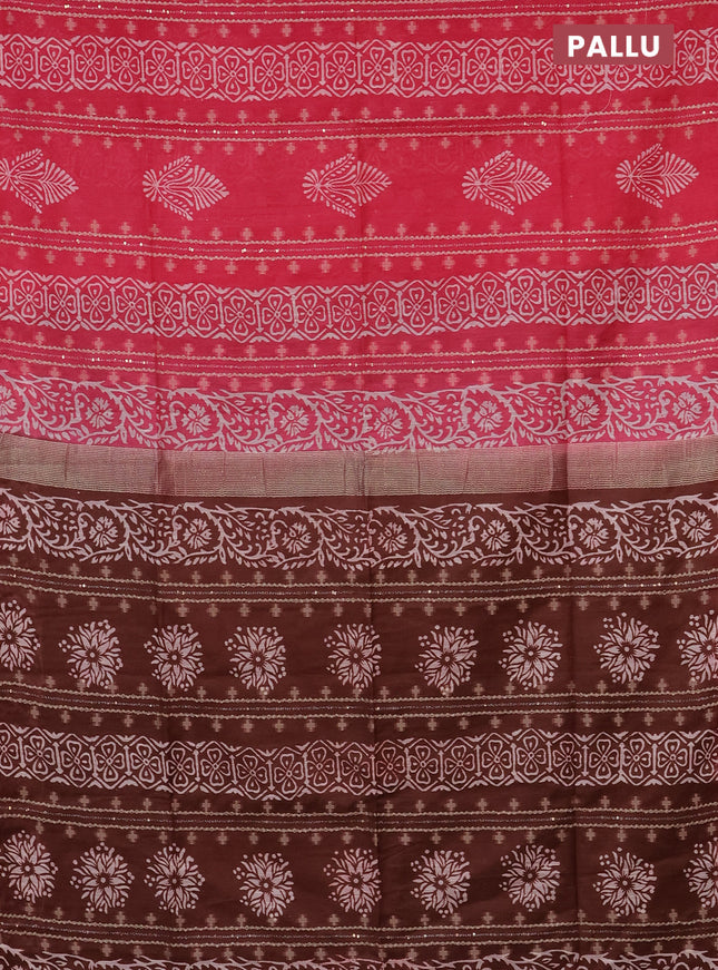 Semi bamboo saree pink and pastel maroon shade with sequin work & prints in borderless style