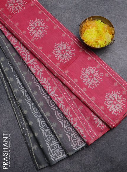 Semi bamboo saree grey shade and pink with sequin work & prints in borderless style