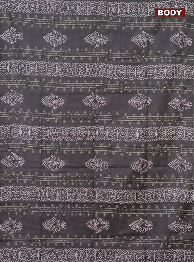 Semi bamboo saree grey shade and pink with sequin work & prints in borderless style