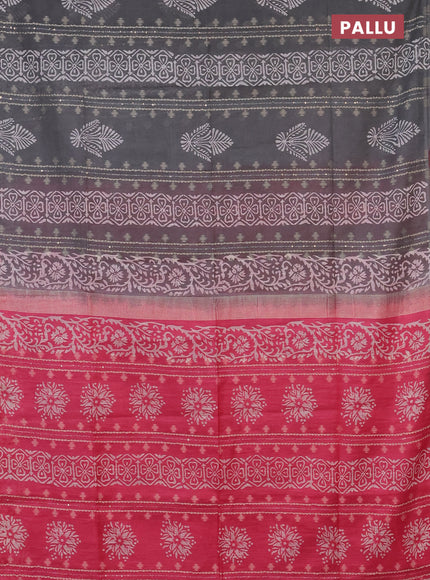 Semi bamboo saree grey shade and pink with sequin work & prints in borderless style