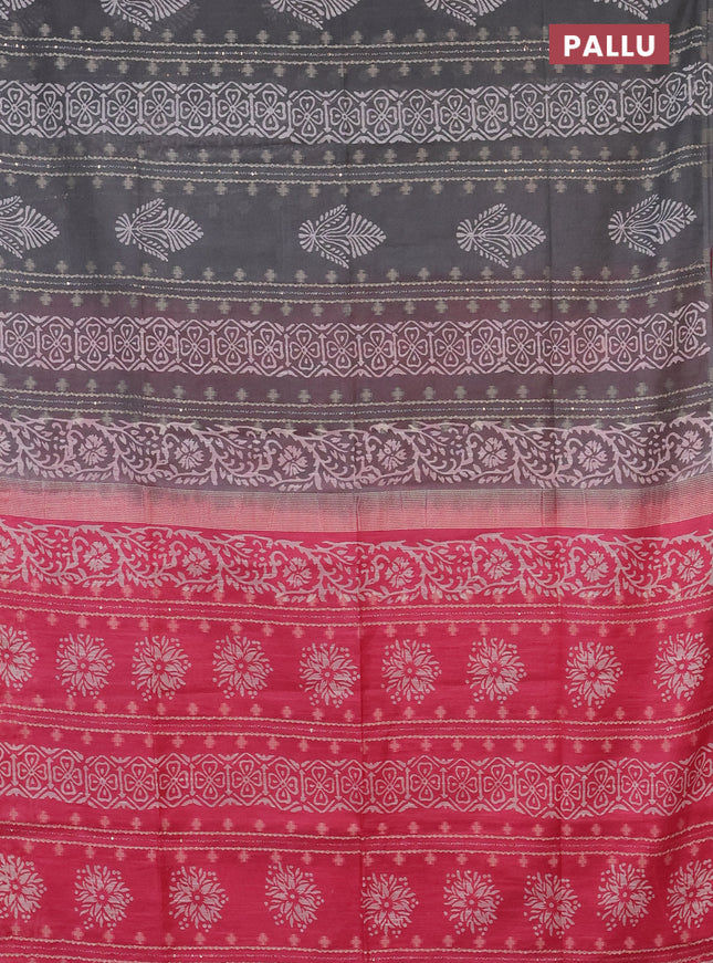 Semi bamboo saree grey shade and pink with sequin work & prints in borderless style