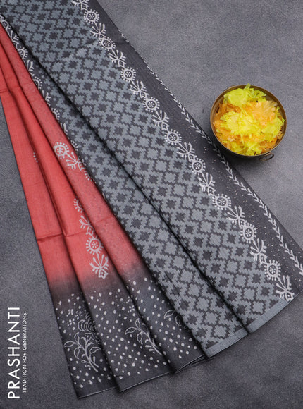 Semi bamboo saree peach pink and elephant grey with allover thread weaves & prints and printed border