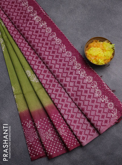 Semi bamboo saree light green and dark magenta pink with allover thread weaves & prints and printed border