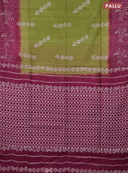 Semi bamboo saree light green and dark magenta pink with allover thread weaves & prints and printed border