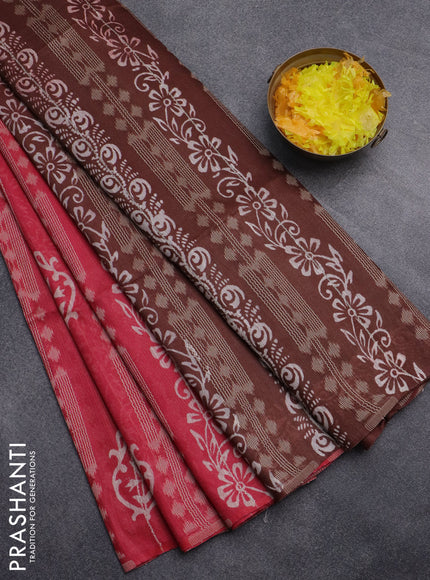 Semi bamboo saree peach pink and brown with allover thread weaves & prints in borderless style