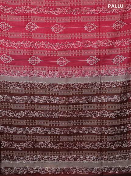 Semi bamboo saree peach pink and brown with allover thread weaves & prints in borderless style
