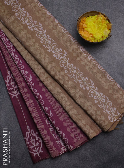 Semi bamboo saree wine shade and dark sandal with allover thread weaves & prints in borderless style