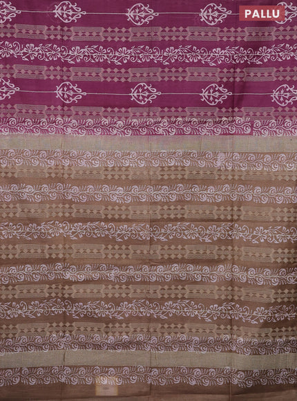 Semi bamboo saree wine shade and dark sandal with allover thread weaves & prints in borderless style