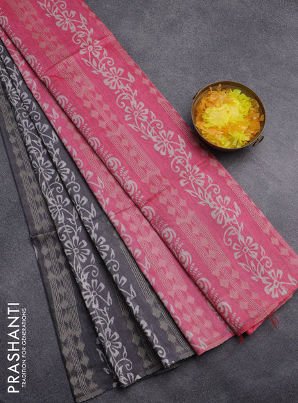 Semi bamboo saree grey and pink with allover thread weaves & prints in borderless style