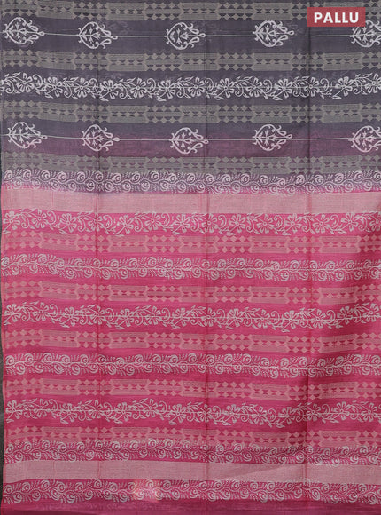 Semi bamboo saree grey and pink with allover thread weaves & prints in borderless style