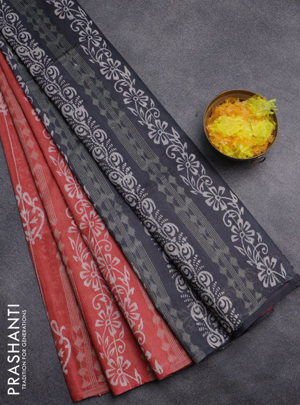 Semi bamboo saree peach orange and elephant grey with allover thread weaves & prints in borderless style