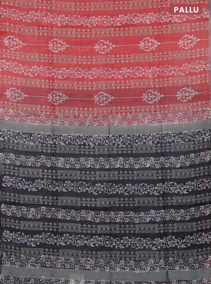 Semi bamboo saree peach orange and elephant grey with allover thread weaves & prints in borderless style